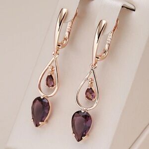 💜Stunning Rose Gold Purple Natural Zircon Long Drop Earrings